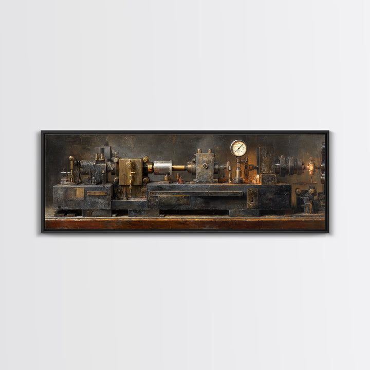 Brass Gauge and Machinery Still Life Framed Canvas Print, Industrial Art, Fine Art Print, Living Room Decor, Fine Art, Foundry, IND-3x1-53