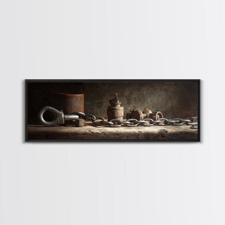 Chain and Hook Still Life Framed Canvas Print, Industrial Art, Wall Art, Living Room Decor, Fine Art, Foundry, Original Art, IND-3x1-56