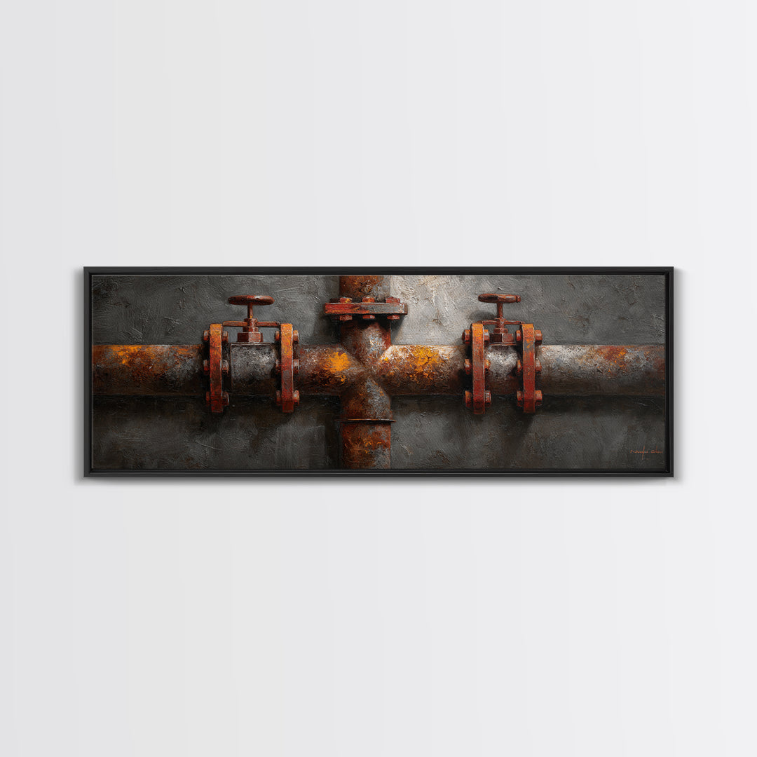 Metal Pipes and Valves as Graphic Composition Framed Canvas Print, Industrial Art, Wall Decor, Living Room Decor, Foundry, IND-3x1-72