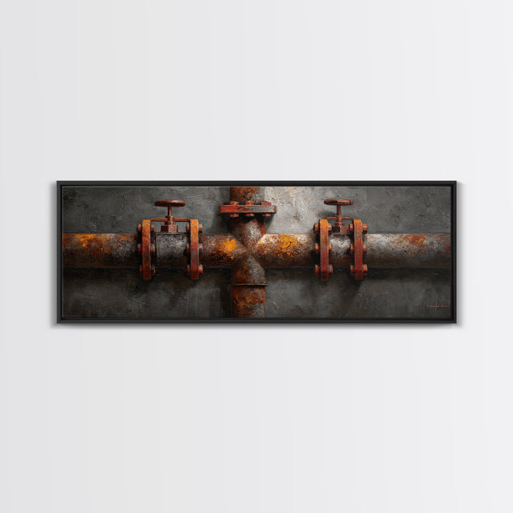 Metal Pipes and Valves as Graphic Composition Framed Canvas Print, Industrial Art, Wall Decor, Living Room Decor, Foundry, IND-3x1-72