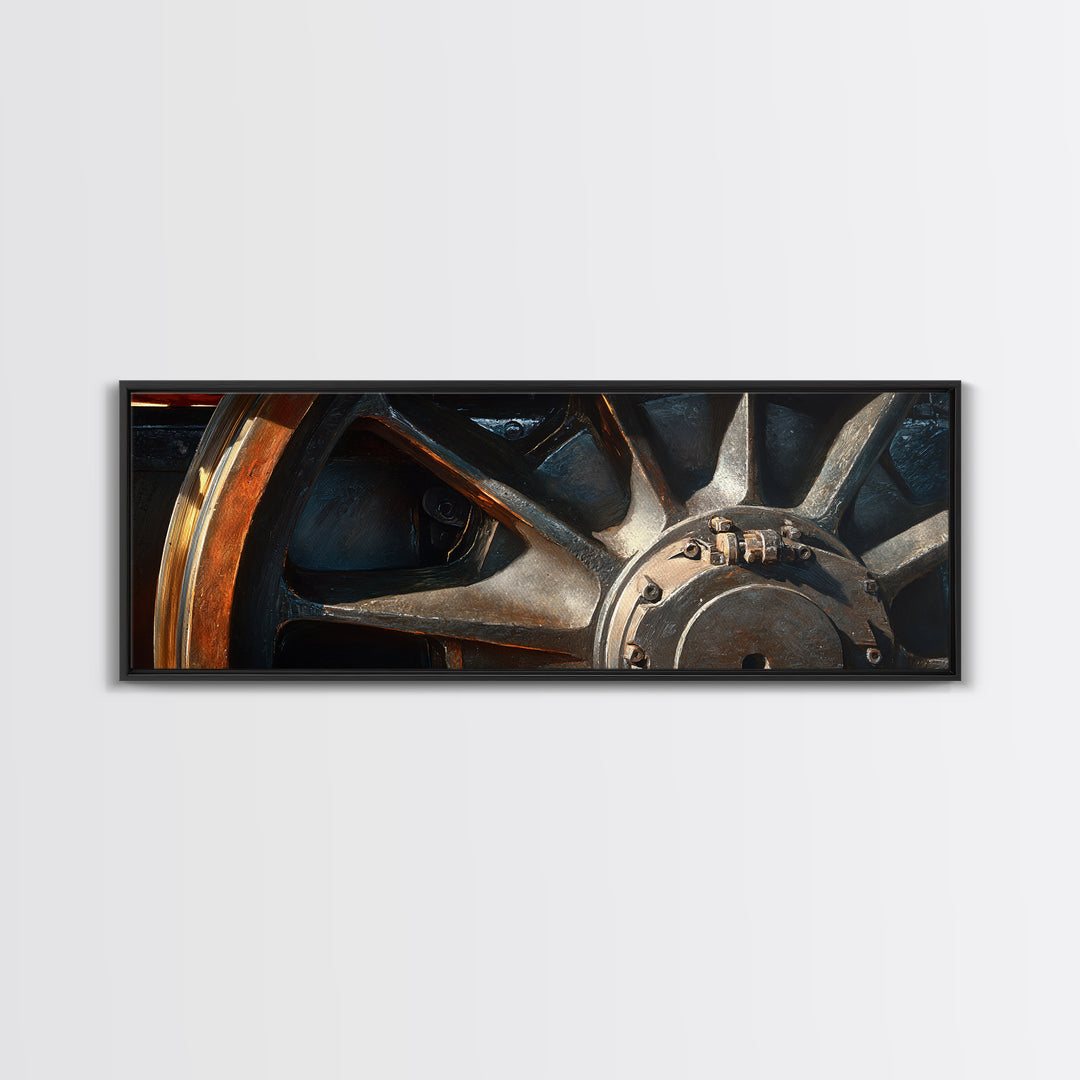 Steam Locomotive Wheel Closeup Canvas Print, Industrial Art, Black and White Art, Living Room Decor, Watercolor Art, Foundry, IND-3x1-94