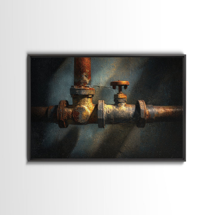 Metal Pipes and Valves as Graphic Composition Framed Canvas Print, Industrial Art, Luxury Decor, Living Room Decor, Foundry, IND-3x2-36