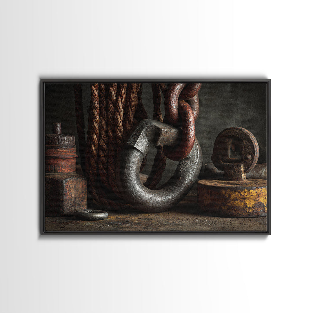 Chain and Hook Still Life Canvas Print, Industrial Art, Textured Painting, Living Room Decor, Watercolor Art, Foundry, IND-3x2-44