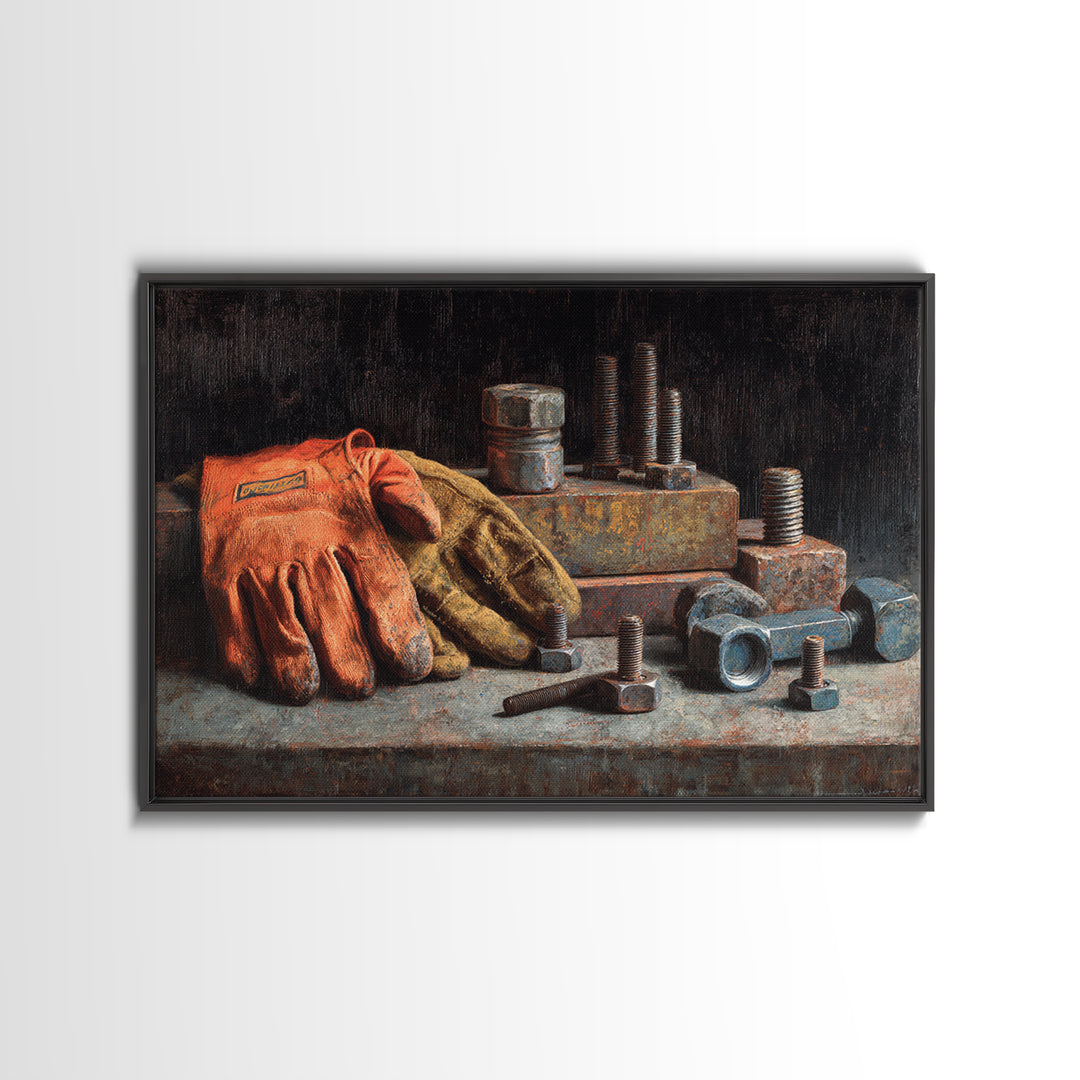 Worn Work Gloves and Bolts Arrangement Framed Canvas Print, Industrial Art, Bauhaus Poster, Living Room Decor, Foundry, IND-3x2-46