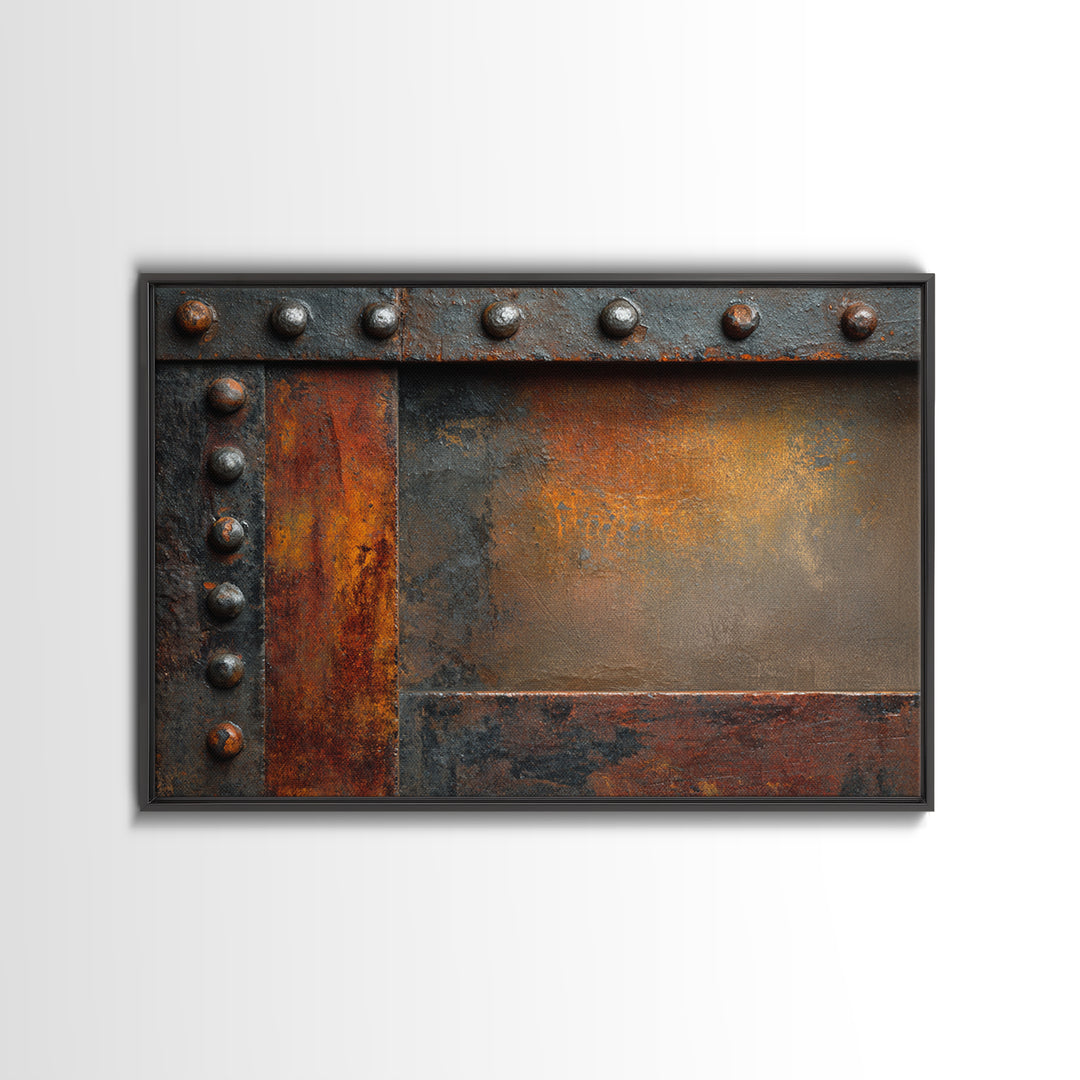 Riveted Metal Panel Texture Study Framed Canvas Print, Industrial Art, Living Room Decor, Oil Painting, Foundry, IND-3x2-50
