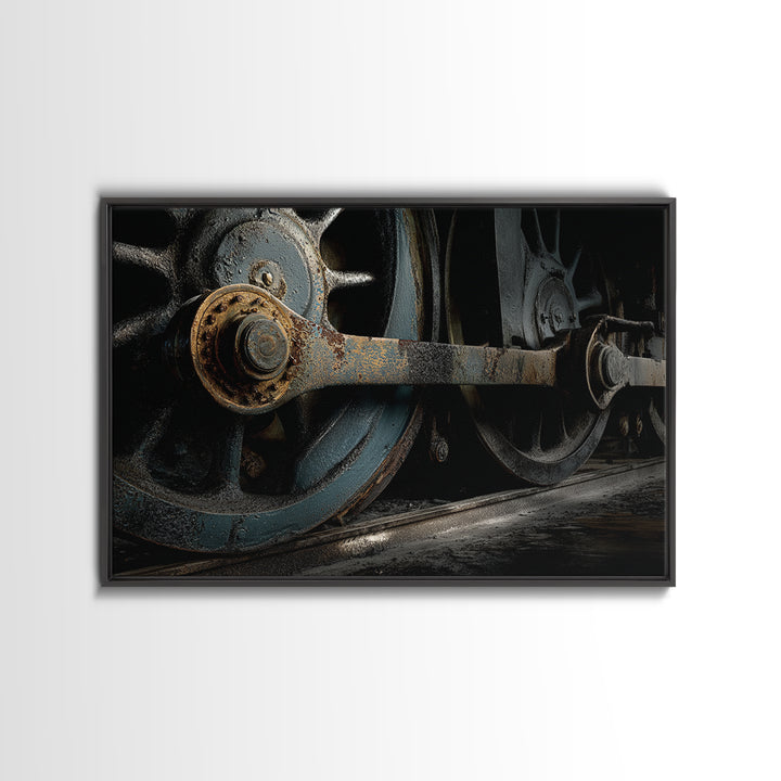 Steam Locomotive Wheel Closeup Canvas Print, Industrial Art, Black and White Art, Living Room Decor, Watercolor Art, Foundry, IND-3x2-58