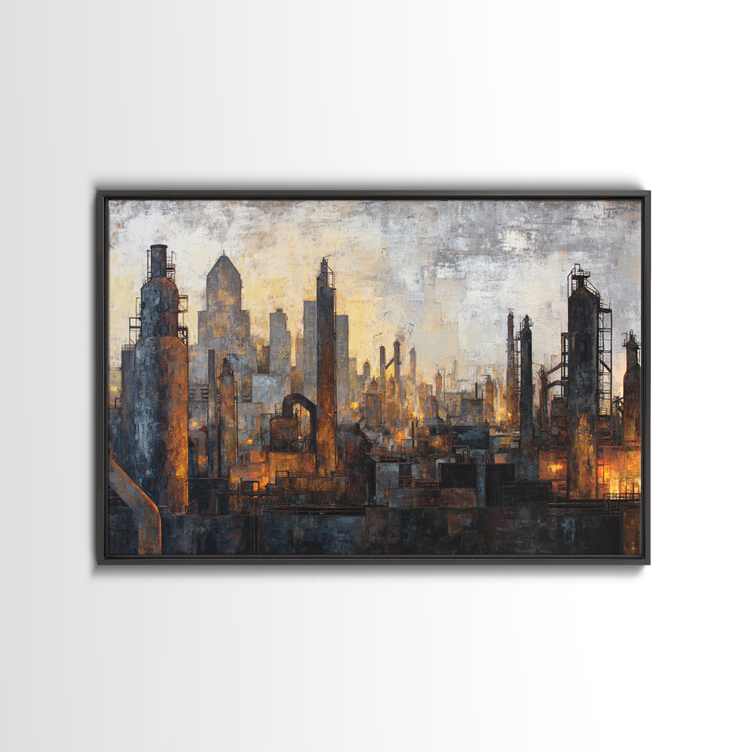 Industrial City Skyline Framed Canvas Print, Industrial Art, Art Print, Living Room Decor, Fine Art, Foundry, Modern Art, IND-3x2-64