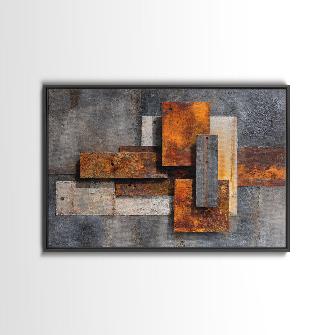 Rust Orange and Charcoal Geometric Abstraction Canvas Print, Industrial Art, Steampunk Decor, Living Room Decor, Abstract Art, IND-3x2-66