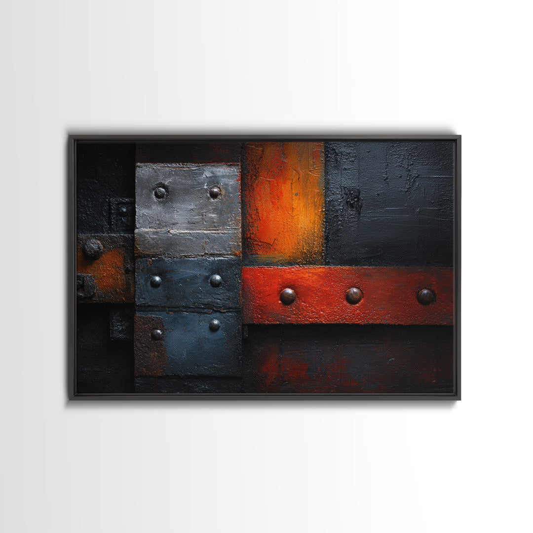 Riveted Metal Panel Texture Study Framed Canvas Print, Industrial Art, Living Room Decor, Oil Painting, Foundry, IND-3x2-74