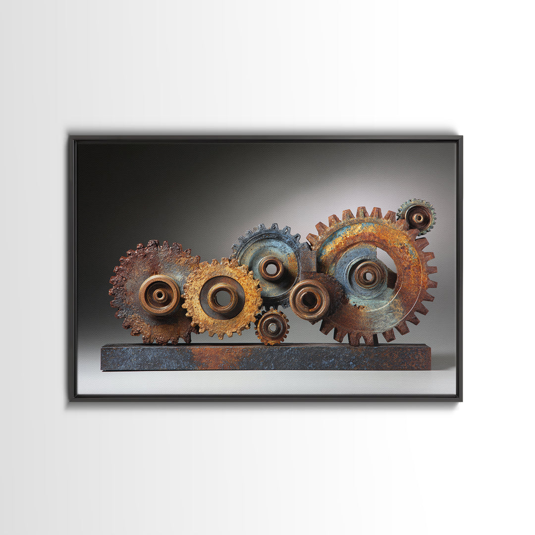 Rusted Gears Arranged as Sculptural Still Life Framed Canvas Print, Industrial Art, Wall Decor, Living Room Decor, Foundry, IND-3x2-77
