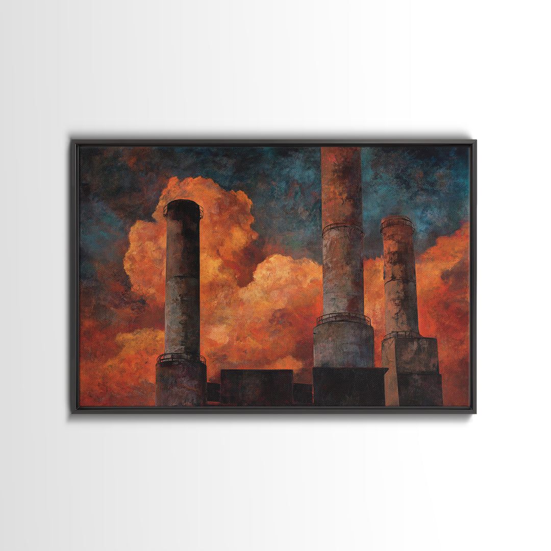 Factory Smokestacks with Moody Sky Framed Canvas Print, Industrial Art, Textured Wall Art, Living Room Decor, Fine Art, Foundry, IND-3x2-87
