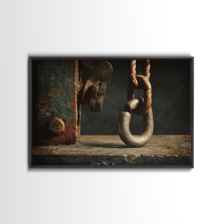 Chain and Hook Still Life Framed Canvas Print, Industrial Art, Textured Wall Art, Living Room Decor, Fine Art, Foundry, IND-3x2-92