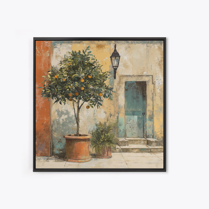 Orange Tree in a Courtyard Planter Canvas Print, Italian Villa Art, Coastal Decor, Living Room Decor, Fine Art, Villa, IVA-1x1-14