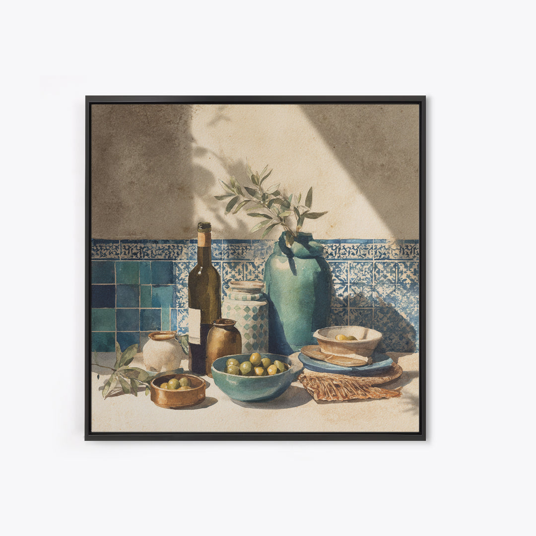 White Wine and Olives Still Life Framed Canvas Print, Italian Villa Art, Farmhouse Wall Art, Living Room Decor, Watercolor Art, IVA-1x1-16