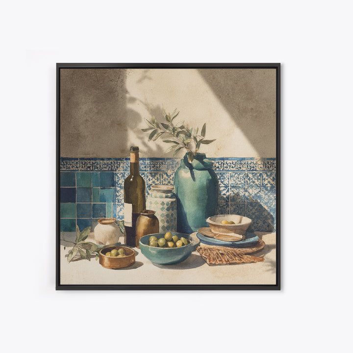 White Wine and Olives Still Life Framed Canvas Print, Italian Villa Art, Farmhouse Wall Art, Living Room Decor, Watercolor Art, IVA-1x1-16
