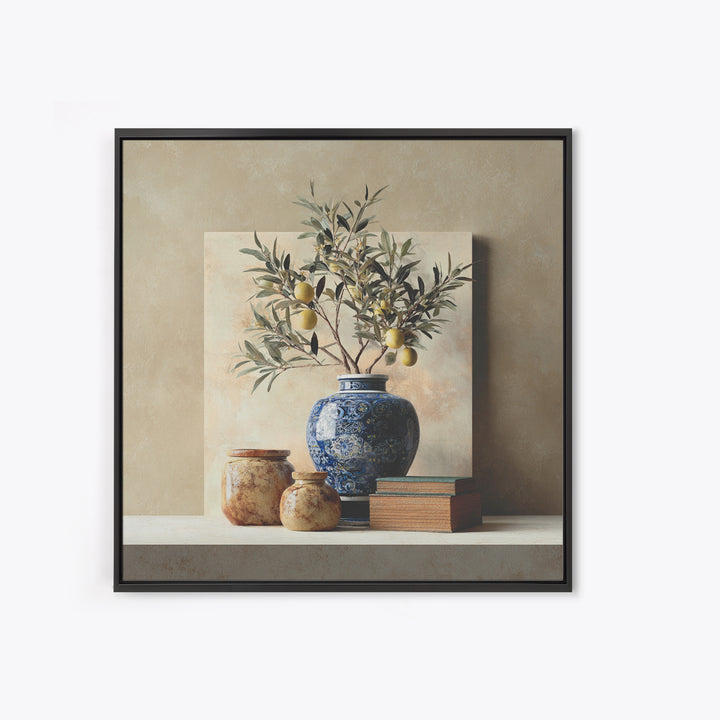 Lemon Branch in Blue Ceramic Vase Framed Canvas Print, Italian Villa Art, Bedroom Wall Art, Living Room Decor, Oil Painting, IVA-1x1-2