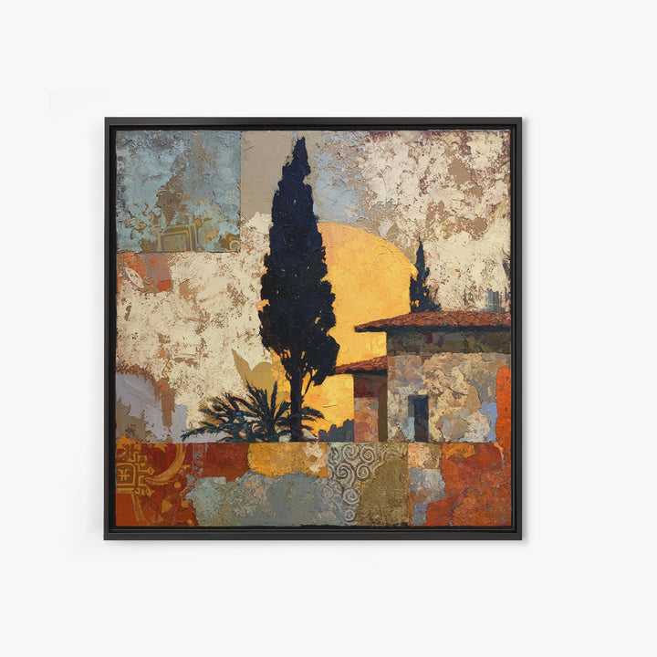 Cypress Silhouette at Sunset Framed Canvas Print, Italian Villa Art, Landscape Painting, Living Room Decor, Fine Art, Villa, IVA-1x1-21