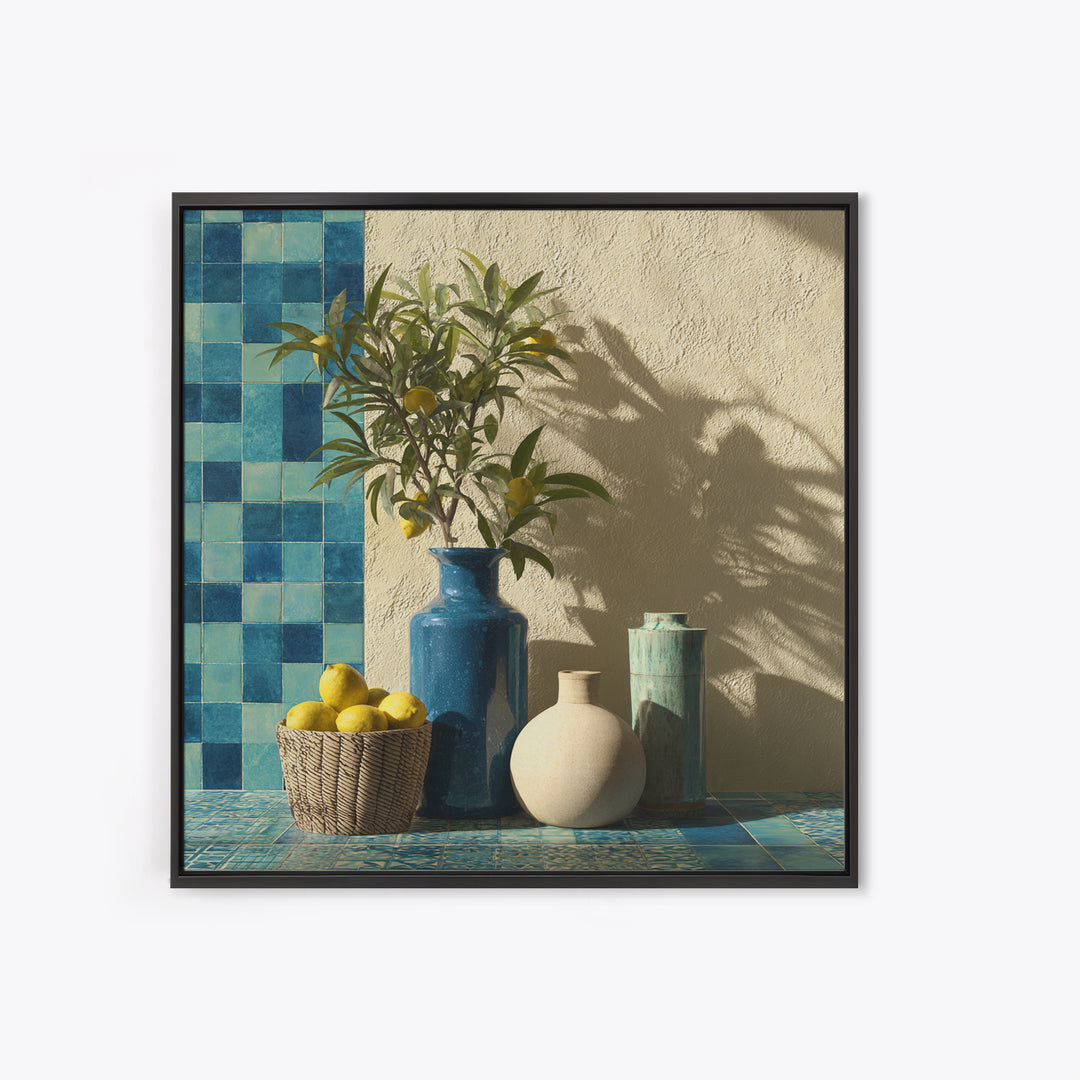 Lemon Branch in Blue Ceramic Vase Canvas Print, Italian Villa Art, Gallery Wall, Living Room Decor, Watercolor Art, Villa, IVA-1x1-26
