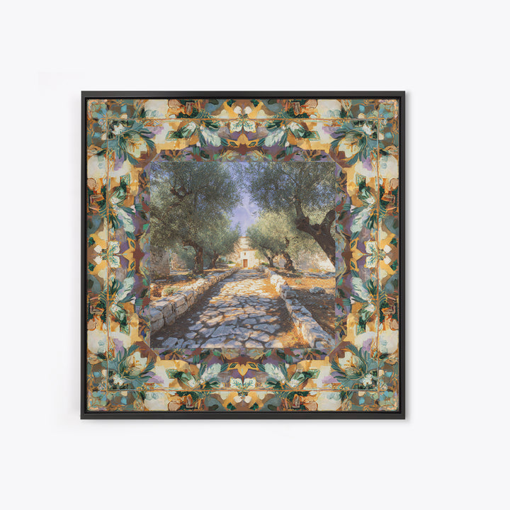 Olive Grove Path Framed Canvas Print, Italian Villa Art, Bedroom Wall Decor, Living Room Decor, Villa, Neutral Wall Art, IVA-1x1-27
