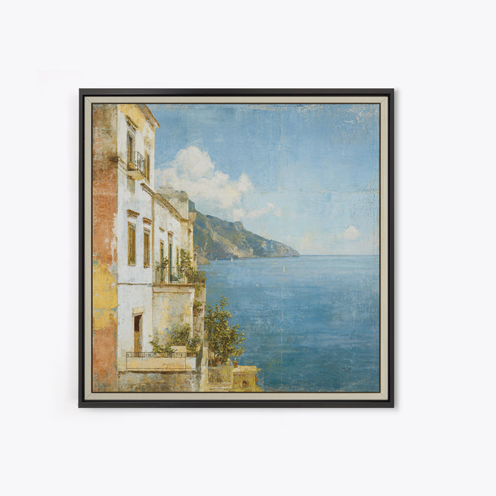 Amalfi Coast Cliffs Framed Canvas Print, Italian Villa Art, Colorful Wall Art, Living Room Decor, Oil Painting, Villa, IVA-1x1-37