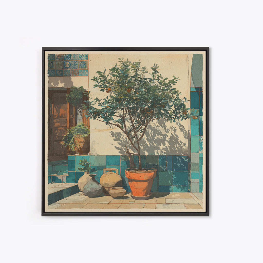 Orange Tree in a Courtyard Planter Framed Canvas Print, Italian Villa Art, Digital Download Art, Living Room Decor, Villa, IVA-1x1-38