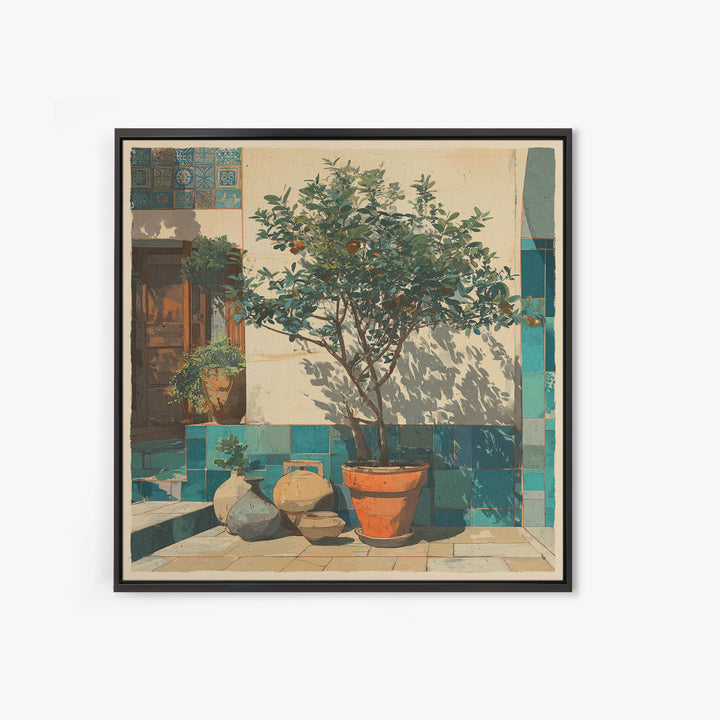 Orange Tree in a Courtyard Planter Framed Canvas Print, Italian Villa Art, Digital Download Art, Living Room Decor, Villa, IVA-1x1-38