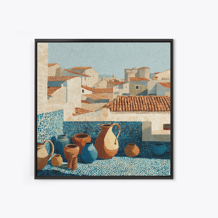 Terracotta Rooftops Against Pale Sky Canvas Print, Italian Villa Art, Wall Art Prints, Living Room Decor, Watercolor Art, Villa, IVA-1x1-4