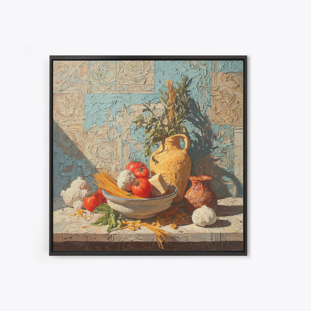 Pasta Herbs and Tomatoes Still Life Framed Canvas Print, Italian Villa Art, Farmhouse Wall Art, Living Room Decor, Oil Painting, IVA-1x1-43