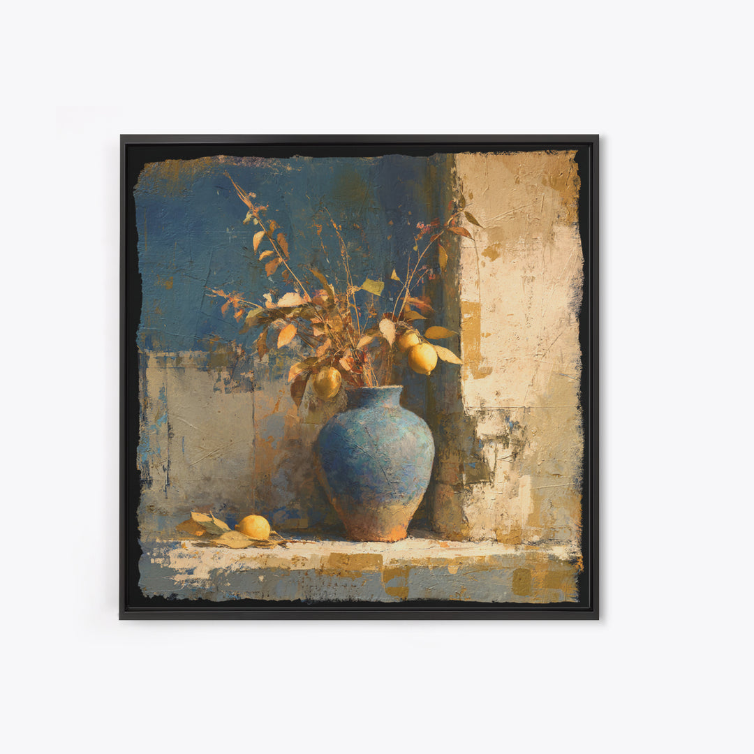 Lemon Branch in Blue Ceramic Vase Canvas Print, Italian Villa Art, Gallery Wall, Living Room Decor, Watercolor Art, Villa, IVA-1x1-50