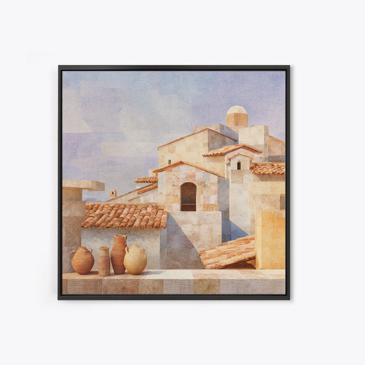 Terracotta Rooftops Against Pale Sky Framed Canvas Print, Italian Villa Art, Colorful Wall Art, Living Room Decor, Villa, IVA-1x1-52