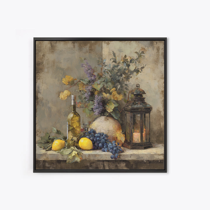 Grapevine and Wine Still Life on Linen Canvas Print, Italian Villa Art, Neutral Wall Art, Living Room Decor, Abstract Art, IVA-1x1-55