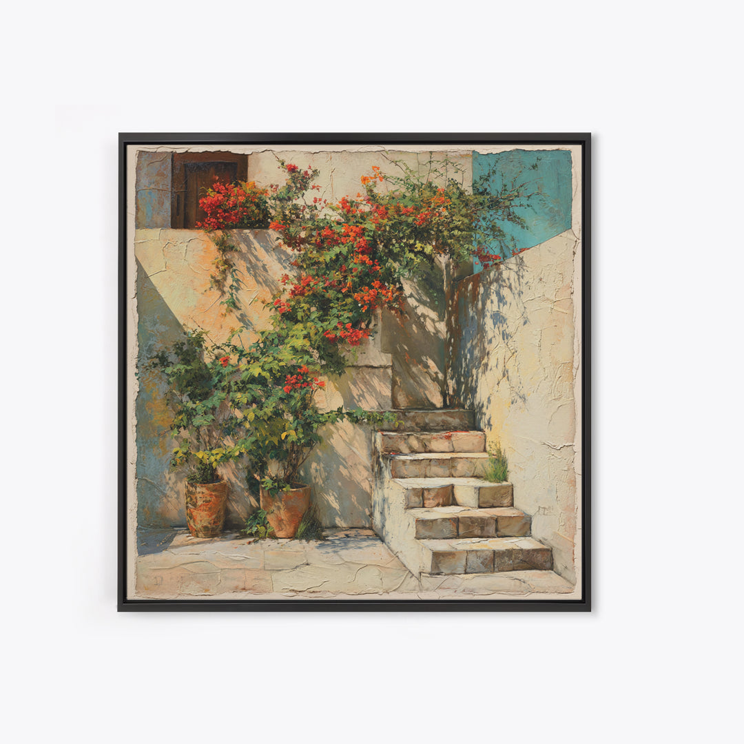 Sunlit Stone Stairway Canvas Print, Italian Villa Art, Rustic Home Decor, Living Room Decor, Fine Art, Villa, Boho Decor, IVA-1x1-59