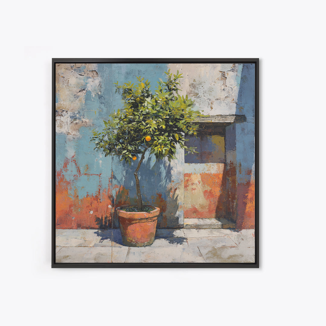 Orange Tree in a Courtyard Planter Framed Canvas Print, Italian Villa Art, Digital Download Art, Living Room Decor, Villa, IVA-1x1-62