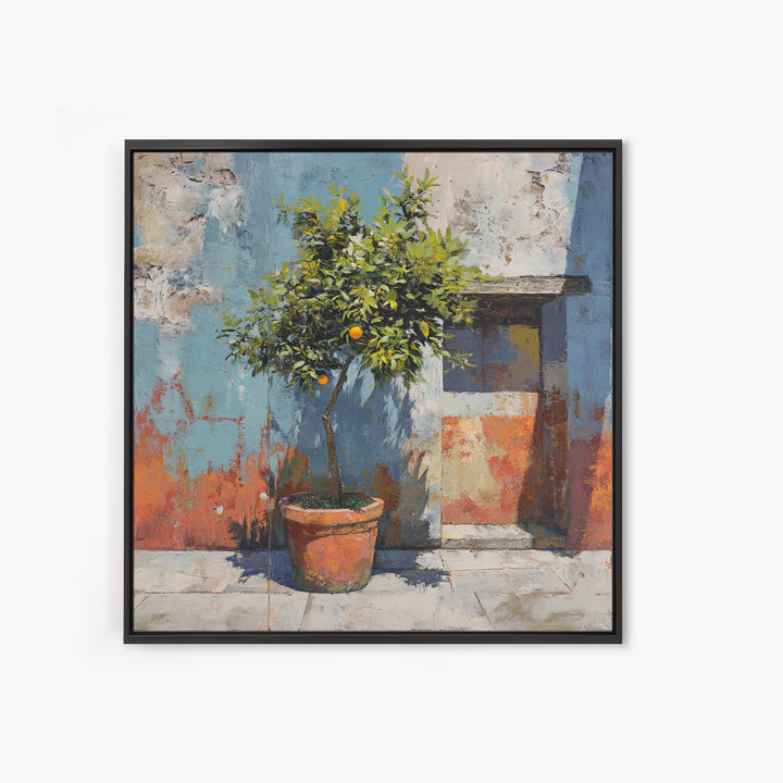Orange Tree in a Courtyard Planter Framed Canvas Print, Italian Villa Art, Digital Download Art, Living Room Decor, Villa, IVA-1x1-62
