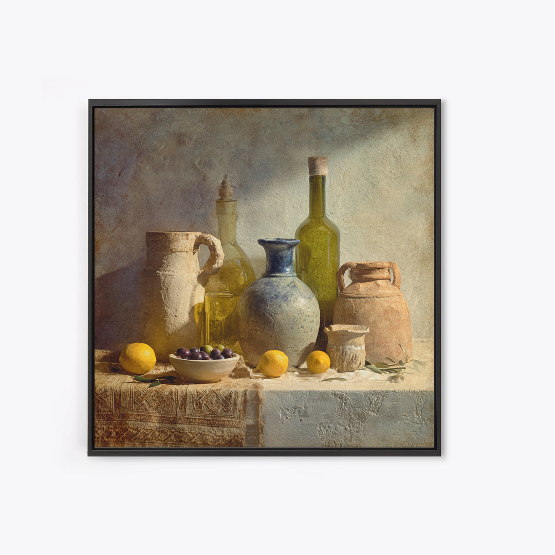 White Wine and Olives Still Life Framed Canvas Print, Italian Villa Art, Farmhouse Wall Art, Living Room Decor, Fine Art, Villa, IVA-1x1-64