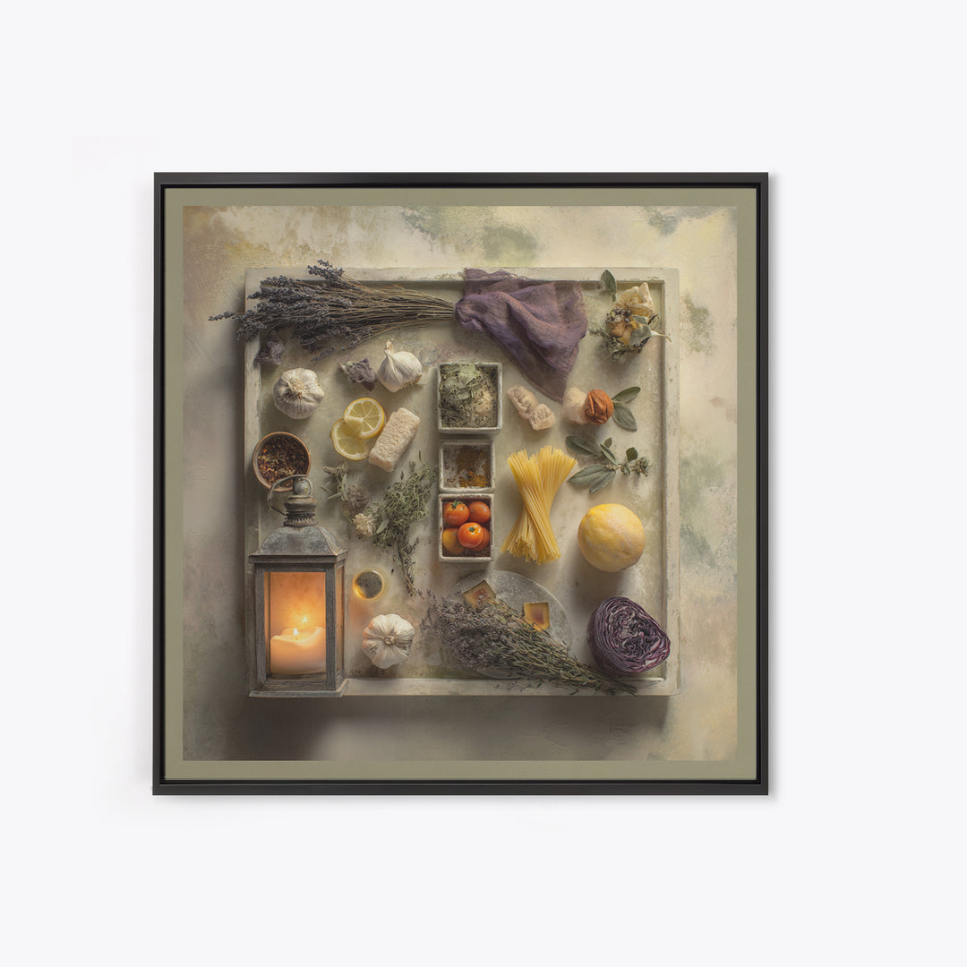 Pasta Herbs and Tomatoes Still Life Framed Canvas Print, Italian Villa Art, Digital Art Print, Living Room Decor, Villa, IVA-1x1-67