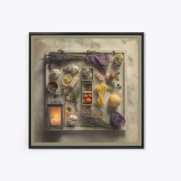 Pasta Herbs and Tomatoes Still Life Framed Canvas Print, Italian Villa Art, Digital Art Print, Living Room Decor, Villa, IVA-1x1-67