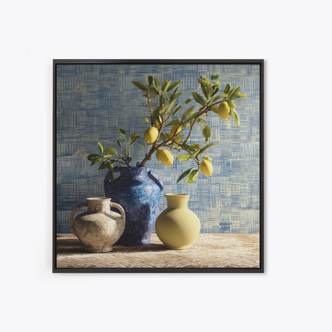 Lemon Branch in Blue Ceramic Vase Framed Canvas Print, Italian Villa Art, Gallery Wall Set, Living Room Decor, Watercolor Art, IVA-1x1-74