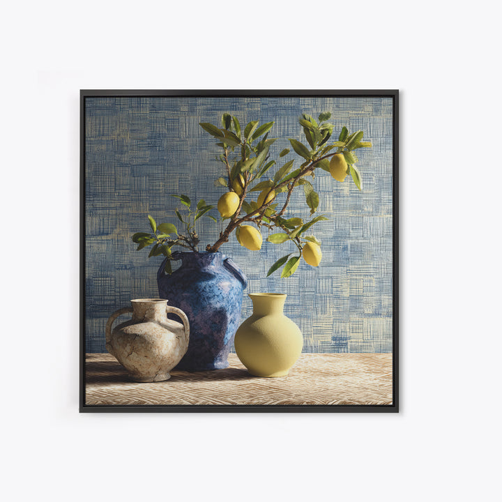 Lemon Branch in Blue Ceramic Vase Framed Canvas Print, Italian Villa Art, Gallery Wall Set, Living Room Decor, Watercolor Art, IVA-1x1-74