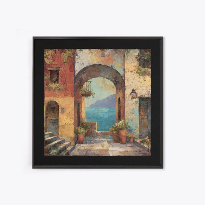 Mediterranean Arch Framing Blue Sea Framed Canvas Print, Italian Villa Art, Home Decor, Living Room Decor, Fine Art, Villa, IVA-1x1-80