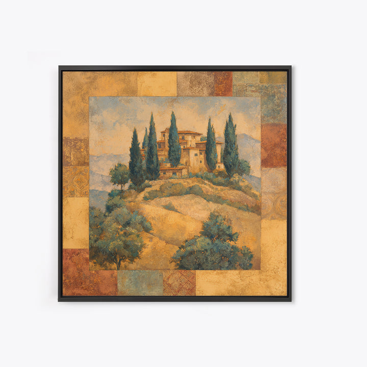Tuscan Hillside with Cypress Trees and Golden Canvas Print, Italian Villa Art, Living Room Decor, Oil Painting, Villa, IVA-1x1-97