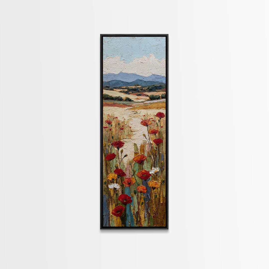 Tuscan Poppy Field Framed Canvas Print, Italian Villa Art, Travel Poster, Living Room Decor, Watercolor Art, Villa, IVA-1x3-3