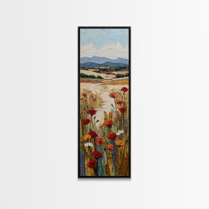 Tuscan Poppy Field Framed Canvas Print, Italian Villa Art, Travel Poster, Living Room Decor, Watercolor Art, Villa, IVA-1x3-3