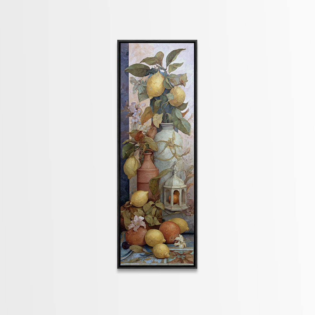 Coastal Lemons and Striped Cloth Arrangement Framed Canvas Print, Italian Villa Art, Landscape Print, Living Room Decor, Villa, IVA-1x3-36