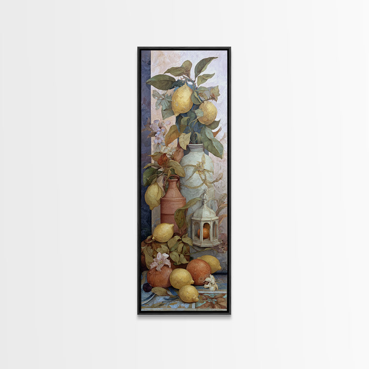 Coastal Lemons and Striped Cloth Arrangement Framed Canvas Print, Italian Villa Art, Landscape Print, Living Room Decor, Villa, IVA-1x3-36