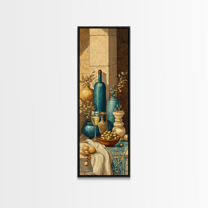 White Wine and Olives Still Life Framed Canvas Print, Italian Villa Art, Colorful Wall Art, Living Room Decor, Fine Art, Villa, IVA-1x3-4