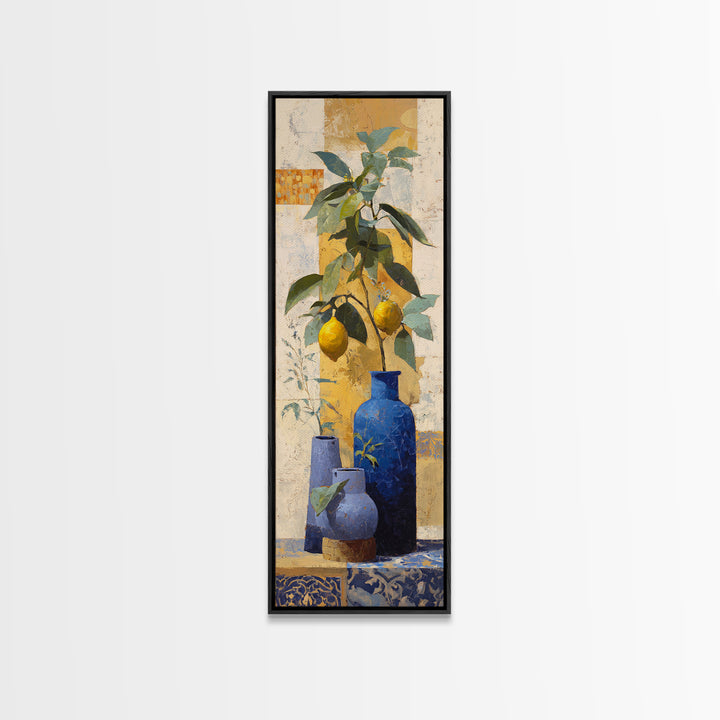 Lemon Branch in Blue Ceramic Vase Framed Canvas Print, Italian Villa Art, Gallery Wall Set, Living Room Decor, Oil Painting, IVA-1x3-62