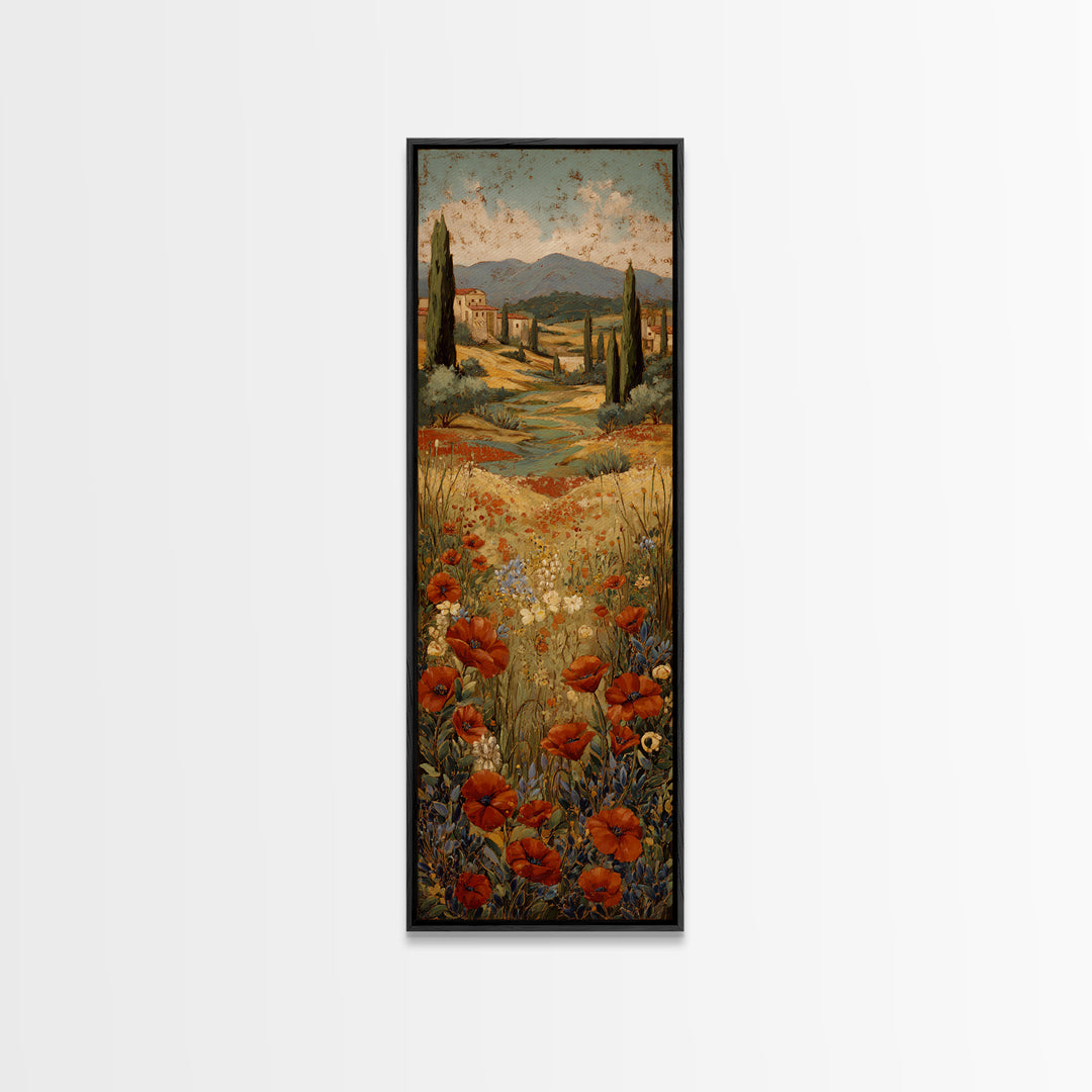 Tuscan Poppy Field Framed Canvas Print, Italian Villa Art, Printable Wall Art, Living Room Decor, Villa, Coastal Wall Art, IVA-1x3-75