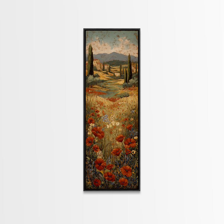 Tuscan Poppy Field Framed Canvas Print, Italian Villa Art, Printable Wall Art, Living Room Decor, Villa, Coastal Wall Art, IVA-1x3-75
