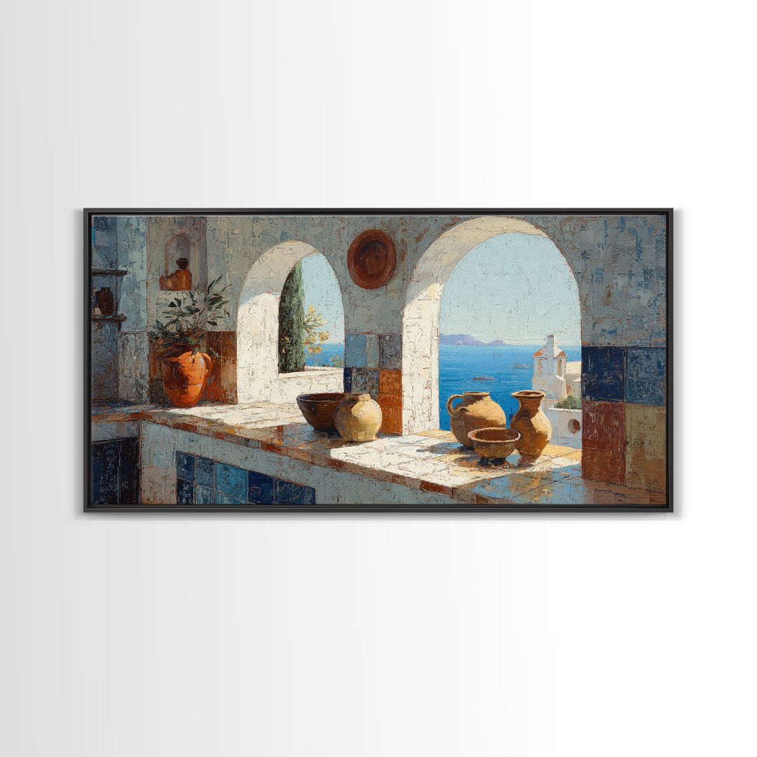 Mediterranean Arch Framing Blue Sea Framed Canvas Print, Italian Villa Art, Digital Download Art, Living Room Decor, Villa, IVA-2x1-100